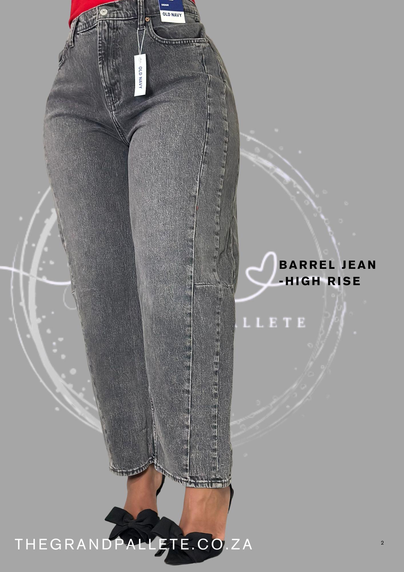 Gray high-rise barrel jeans on a gray background with 'The Grand Palette' branding.